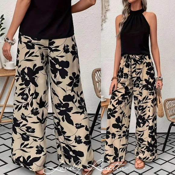 Floral Black and Tan Wide-Leg Pants - Picture 7 of 8